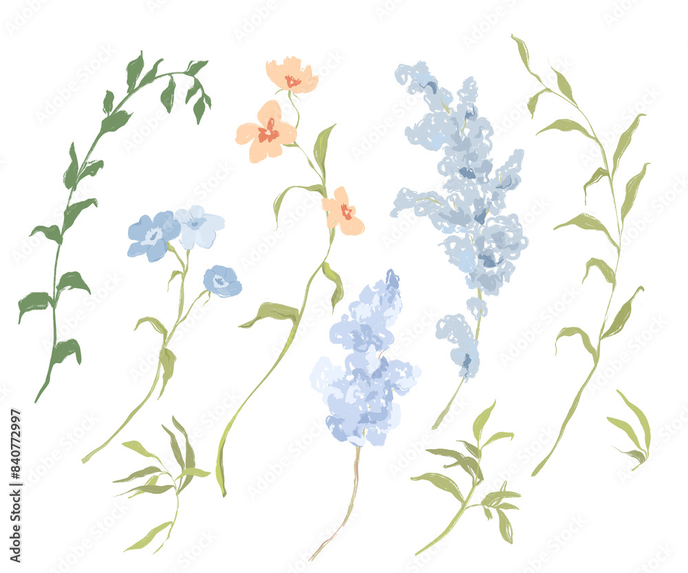 Fototapeta premium Watercolor abstract flower set of lilac and forget-me-not. Hand drawn wildflowers isolated on white background. Holiday Illustration for design, print, fabric or background.