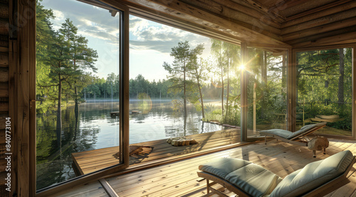 A wooden house by the lake, with large windows overlooking green forests and clear water. © Kien