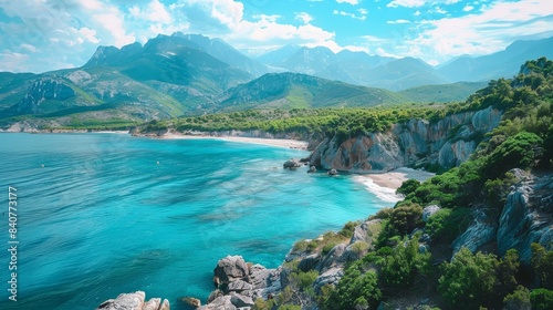 Stunning Turquoise Coastal Landscape with Lush Green Mountains and Serene Beach Perfect for Nature Lovers and Travel Enthusiasts
