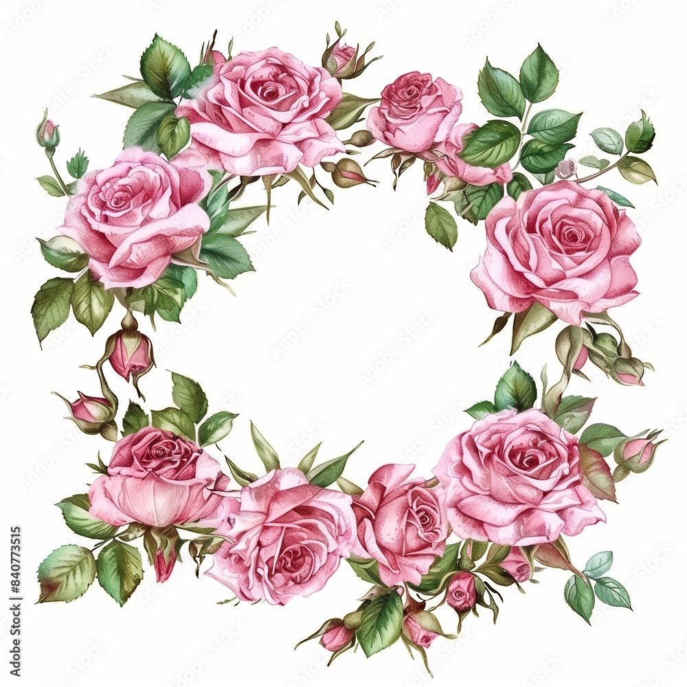 Watercolor painting of a pink rose wreath Watercolor painting of a pink rose wreath