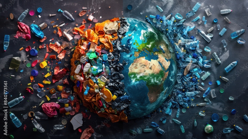 Earth engulfed by plastic waste on dark backdrop Earth engulfed by plastic waste on dark backdrop