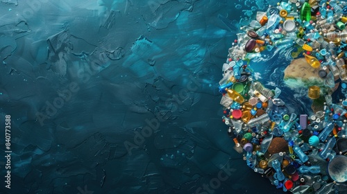 Circular composition with plastic pollution surrounding Earth