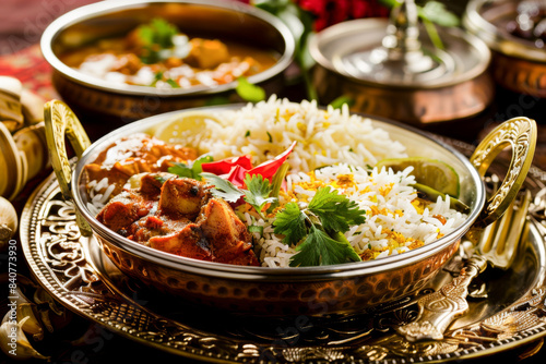 Traditional Indian Meal with Rice and Chicken Curry in a Copper Bowl - Vibrant Food Photo photo