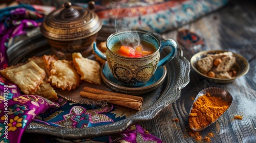 Traditional Indian Chai Tea with Rustic Snacks and Spices on a Vintage Tray - Culinary Heritage Concept