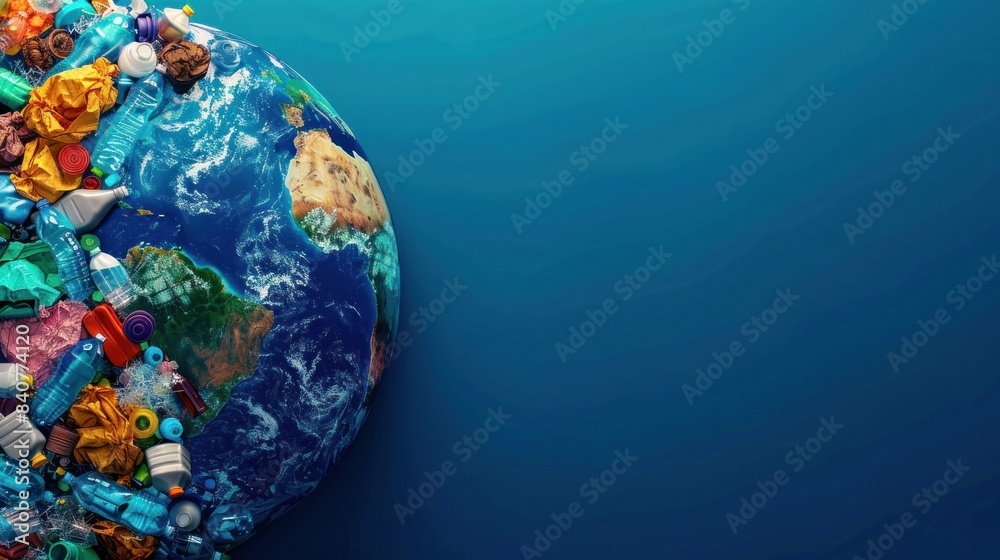 Fototapeta premium Earth overshadowed by plastic pollution on blue
