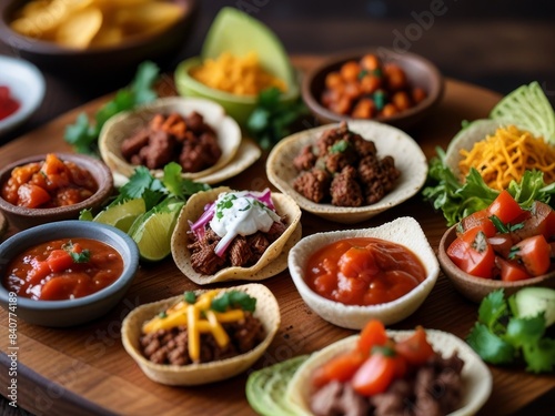 Featuring an assortment of mini tacos filled with a variety of meats, vegetables, and toppings