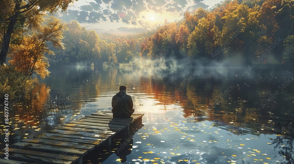Lake Dock Capture the peacefulness of sitting on a dock by the lake, with feet dangling in the water and a serene landscape Lake Dock Capture the peacefulness of sitting on a dock by the lake, with feet dangling in the water and a serene landscape