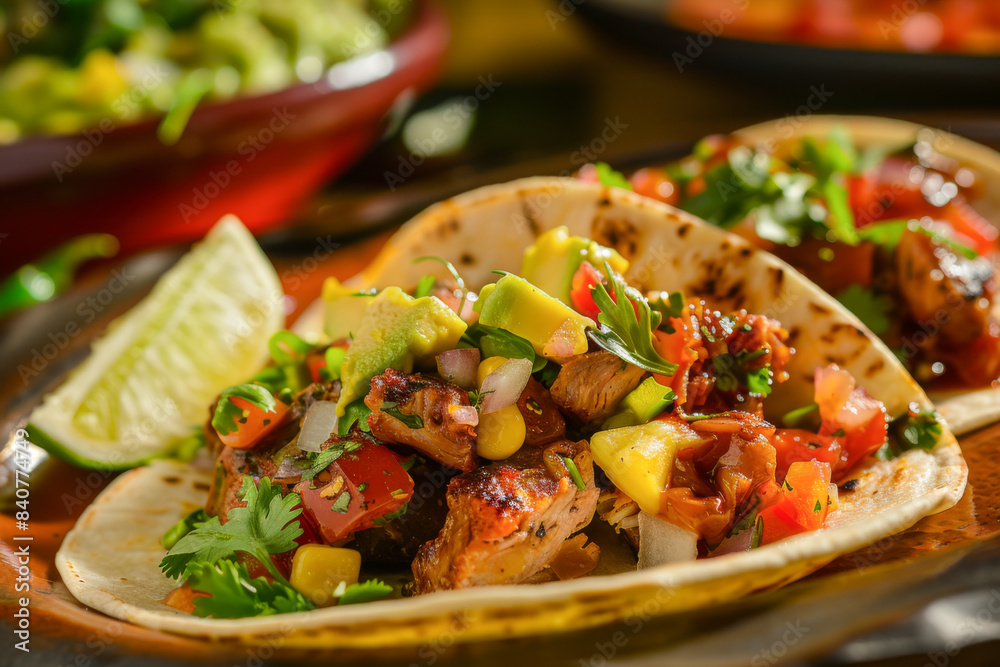 Delicious Grilled Chicken Tacos with Fresh Veggies and Lime, Mexican Cuisine Delicious Grilled Chicken Tacos with Fresh Veggies and Lime, Mexican Cuisine
