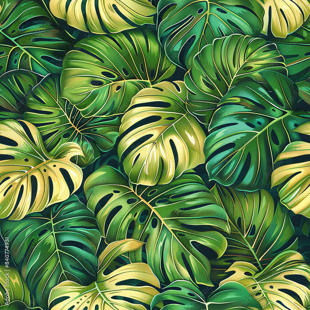 Detailed seamless pattern close-up of lush green Monstera leaves. Realistic texture and vibrant colors, tropical beauty Detailed seamless pattern close-up of lush green Monstera leaves. Realistic texture and vibrant colors, tropical beauty