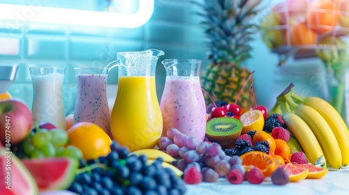 Colorful Smoothie Bar Setup with Fresh Fruits and Milk Jug - Perfect for Health-Conscious Audiences