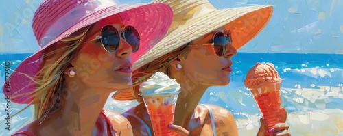 Ice Cream and Sun Hats Show people enjoying ice cream while wearing widebrimmed sun hats, emphasizing summer fashion photo