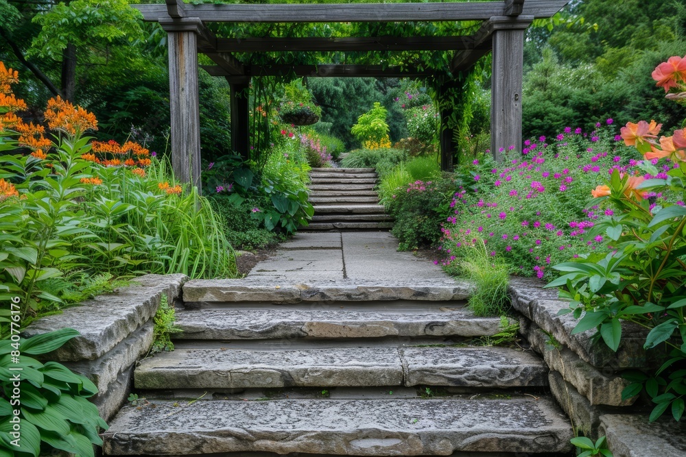 Tranquil Garden Path with Stone Steps, Tall Flowering Plants, and Wooden Arbor Entrance Tranquil Garden Path with Stone Steps, Tall Flowering Plants, and Wooden Arbor Entrance
