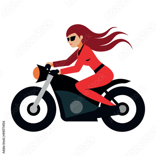 a modern lady biker ride a motor cycle full speed on the road, vector silhouette