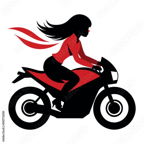 a modern lady biker ride a motor cycle full speed on the road, vector silhouette