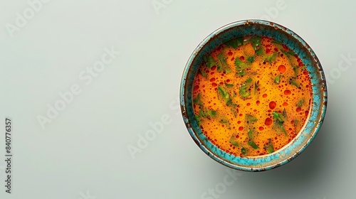  A tight shot of a white bowl with a blue rim, holding a green and red mixture in its center, set against a light blue backdrop