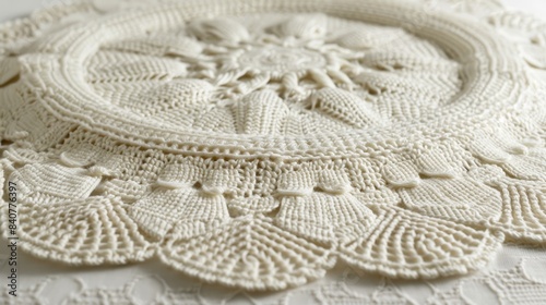  A crocheted doily, with a white flower at its center, sits neatly on a pristine white tablecloth A second, identical tablecloth is folded to the
