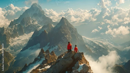 Two individuals sitting on a mountain summit, enjoying the panoramic view, A stunning panoramic view from a mountain peak, with hikers resting at the summit photo