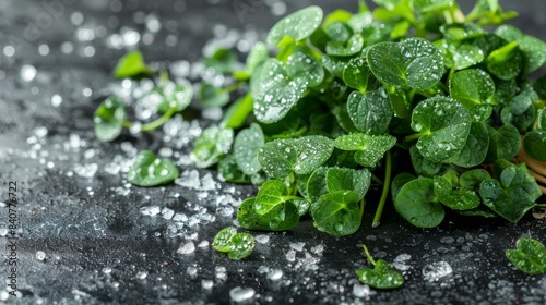  A mound of verdant, leafy plants with water beading on their surfaces A banana peel lies nearby, also bedecked with water droplets photo