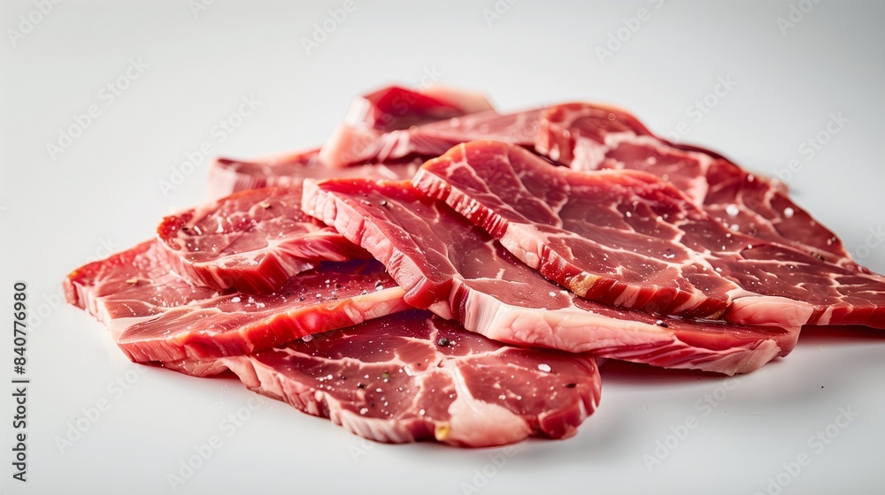 Raw Steak Slices in Light Pink and Maroon on White Background Raw Steak Slices in Light Pink and Maroon on White Background