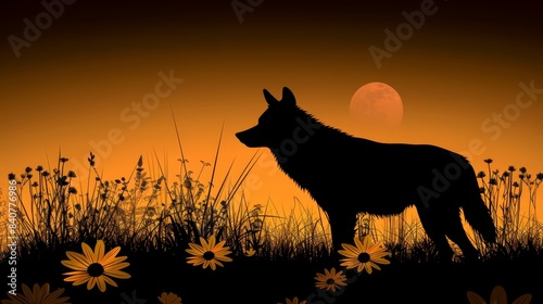  A wolf silhouette in a field of wildflowers  sun setting  full moon distantly rising behind