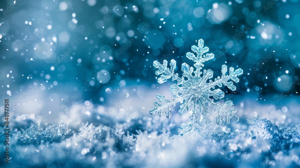  A crisp close-up of a solitary snowflake against a lightly blurred backdrop of additional snowflakes, set against a blue winter scene
