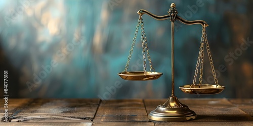 Symbolizing law Scales of Justice in a courtroom with copy space. Concept Law and Order, Scales of Justice, Copy Space, Courtroom Setting, Symbolism