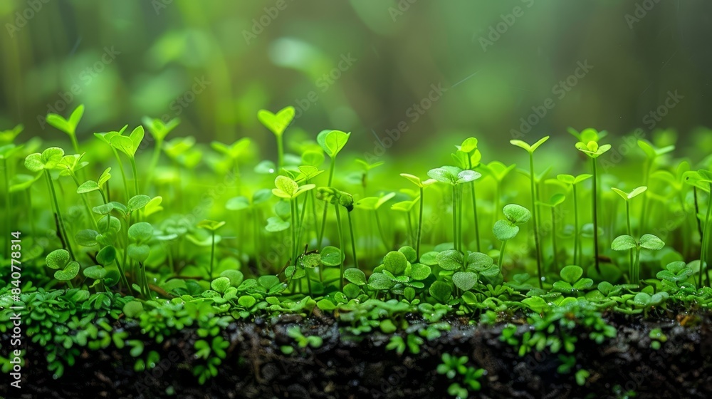 A collection of tiny green plants thrives atop mossy ground, dripping with water droplets from their foliage A collection of tiny green plants thrives atop mossy ground, dripping with water droplets from their foliage