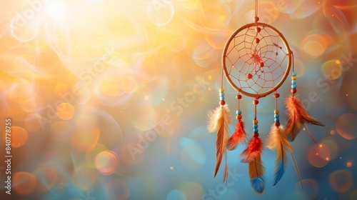  A tight shot of a dream catcher against a softly blurred backdrop Topped with a distinct, well-defined bubble of light Background blur intensified