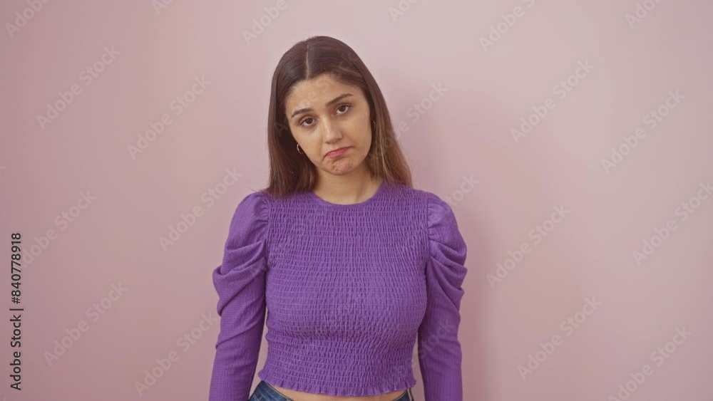 Young, attractive hispanic woman standing over pink wall, crying and distressed with angry expression, depressed, worried and afraid in isolated sadness Young, attractive hispanic woman standing over pink wall, crying and distressed with angry expression, depressed, worried and afraid in isolated sadness