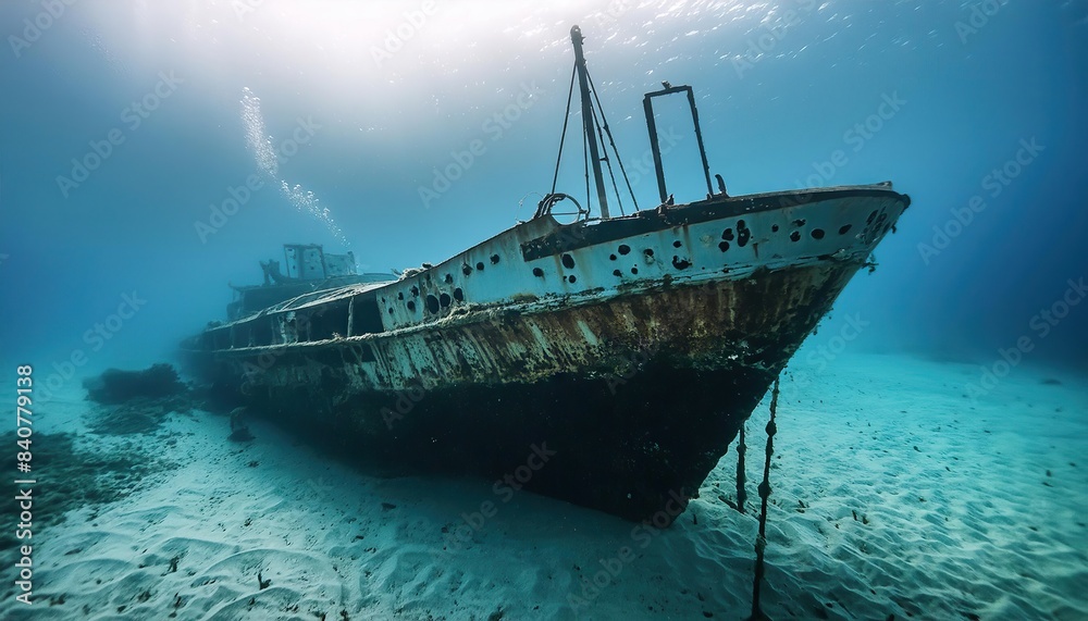 Fototapeta premium Sunken damaged ship at the bottom of the sea