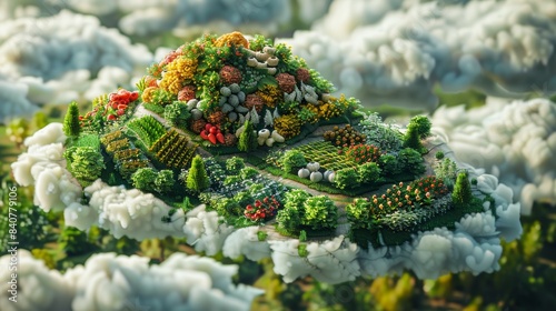 A creative 3D illustration of a farm in the shape of a cloud, with different types of food crops planted on its surface, showcasing innovative farming techniques. photo