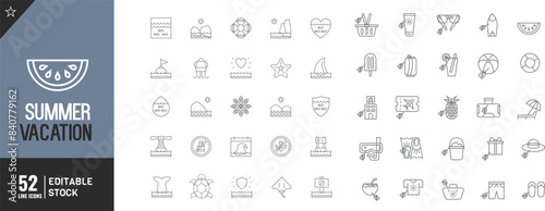 Editable Summer Vacation  line icon Set. ea, surfing, beach, hotel Vector illustration. 