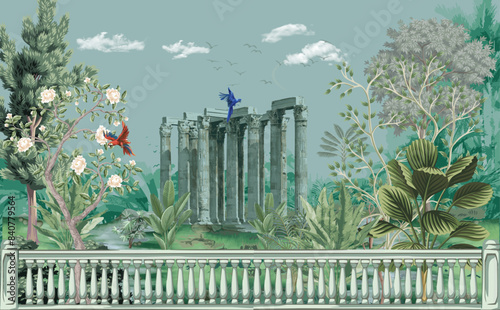 Greek, Roman, Greek arch, garden, peacock, wallpaper illustrations. Roman architecture dome, tree, parrot landscape illustration for wallpaper.