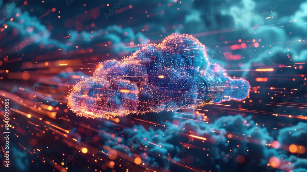 A modern 3D illustration of a cloud with virtual reality elements, representing the future of cloud computing and immersive technology. A modern 3D illustration of a cloud with virtual reality elements, representing the future of cloud computing and immersive technology.