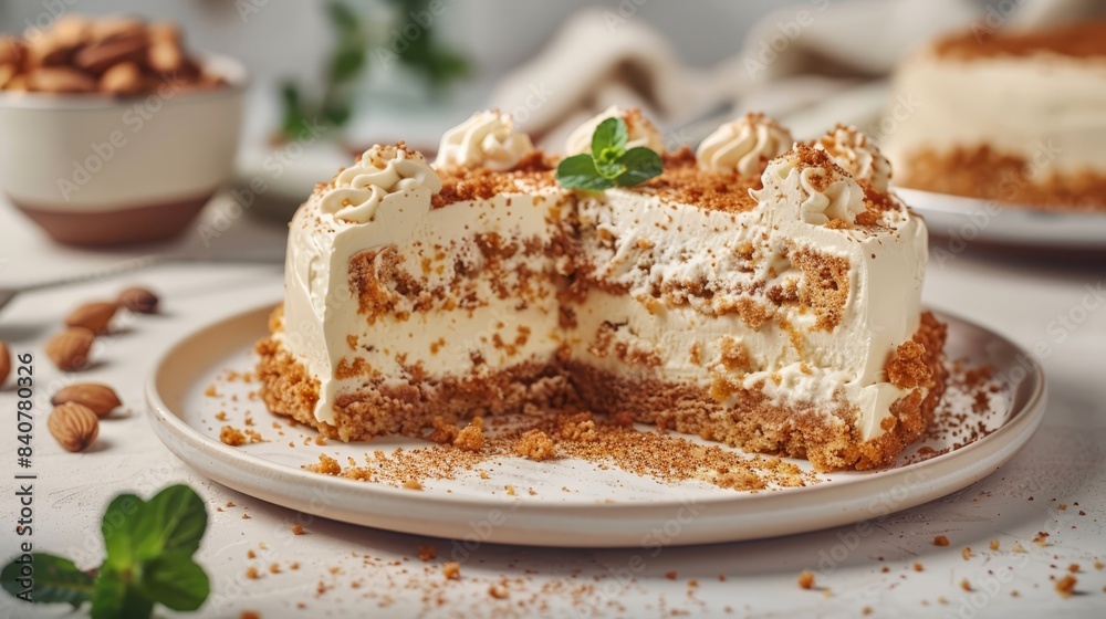 A tight shot of a slice of cake missing from a larger one on a plate, adjacent to a bowl filled with nuts and another plate bearing a whole cake slice A tight shot of a slice of cake missing from a larger one on a plate, adjacent to a bowl filled with nuts and another plate bearing a whole cake slice