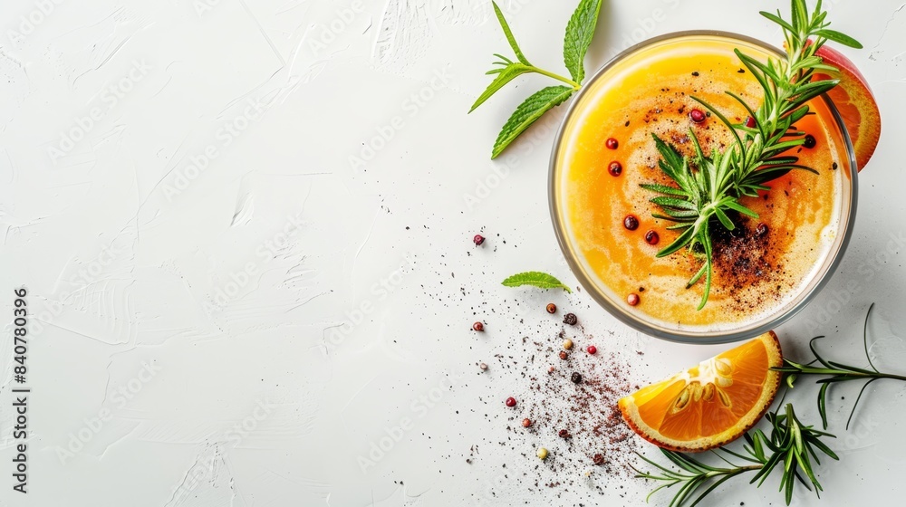 Close-up of a white surface with a bowl of food, garnished with herbs and orange slices, topped with a sprig of rosemary Close-up of a white surface with a bowl of food, garnished with herbs and orange slices, topped with a sprig of rosemary