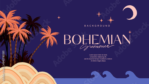 Night Tropical summer background with palms, waves and beach. Summer placard poster flyer invitation card. Bohemian summer