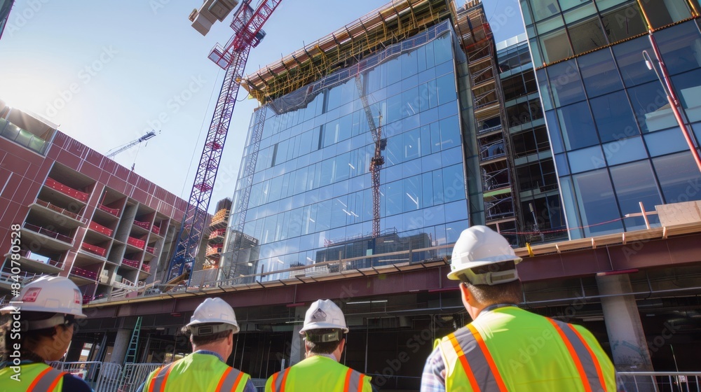 team of engineers wearing yellow safety vests and white hard hats stands in front of construction site team of engineers wearing yellow safety vests and white hard hats stands in front of construction site