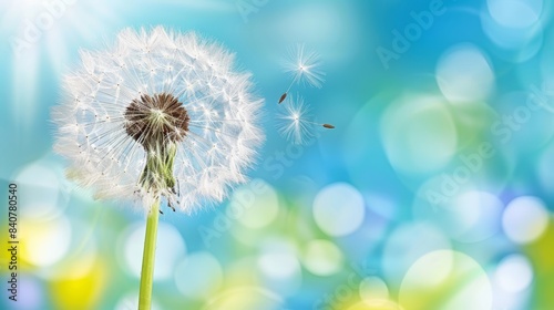  A dandelion drifts in the wind against a blue sky  backlit by a beam of sunlight  while the background softly blurs