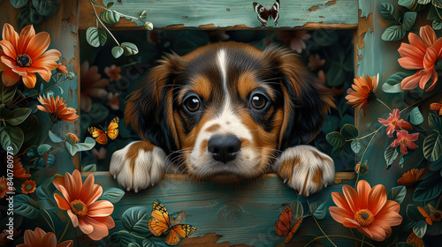 Curious Beagle Puppy Exploring a Lush Floral Garden With Butterflies, AI Generated