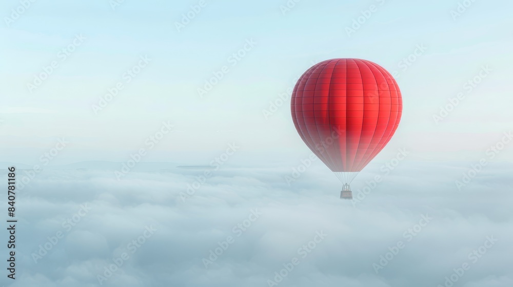 A red hot air balloon floats above a layer of clouds in the blue sky, with a few scattered clouds below The light blue sky also harbors a few more clouds A red hot air balloon floats above a layer of clouds in the blue sky, with a few scattered clouds below The light blue sky also harbors a few more clouds