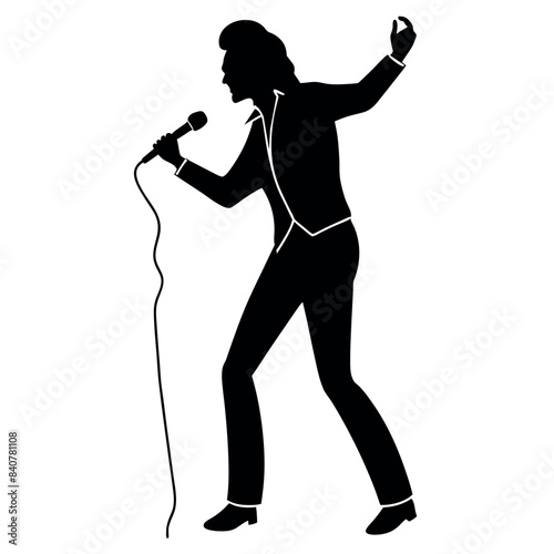 A singer Dance Pose with singing holding a microphone in front of mouth vector silhouette, isolated white background