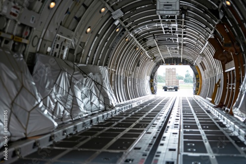 Close-Up Shot of Organized Cargo Packages in Airplane Hatch for Efficient International Shipment
