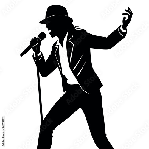 A singer Dance Pose with singing holding a microphone in front of mouth vector silhouette, isolated white background