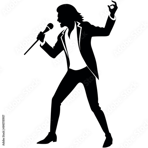 A singer Dance Pose with singing holding a microphone in front of mouth vector silhouette, isolated white background