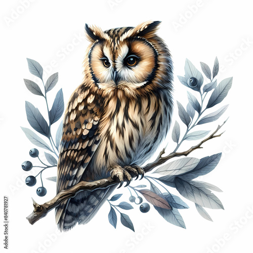 owl snow owl watercolor painting on white background photo