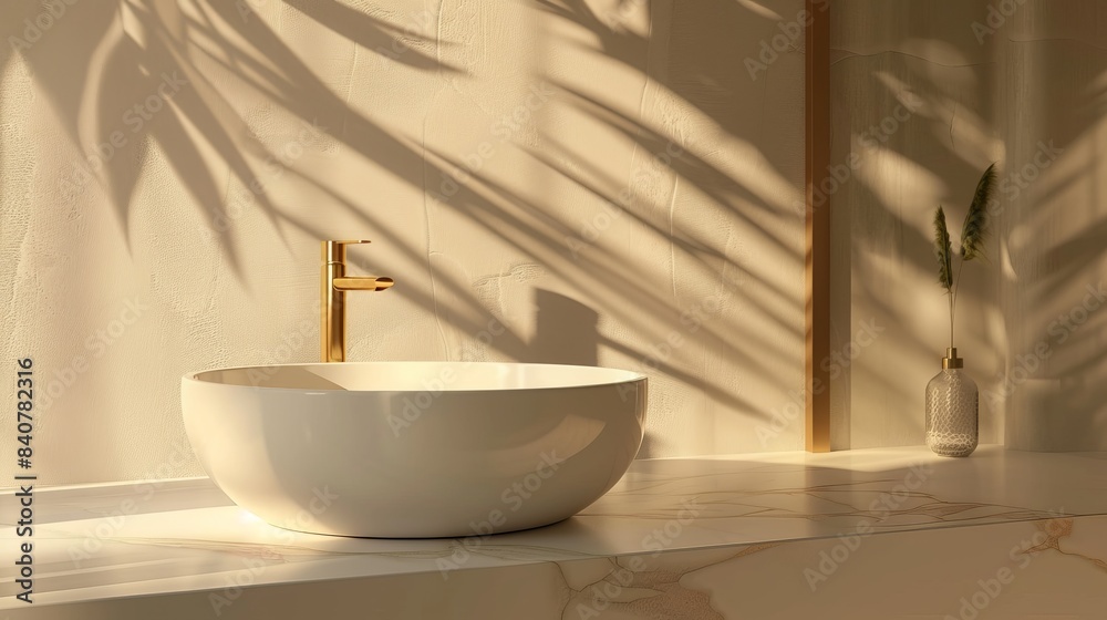 Fototapeta premium Empty bathroom counter with a luxury round ceramic washbasin and golden faucet, bathed in morning sunlight, blank space for product display, minimalistic, photorealistic