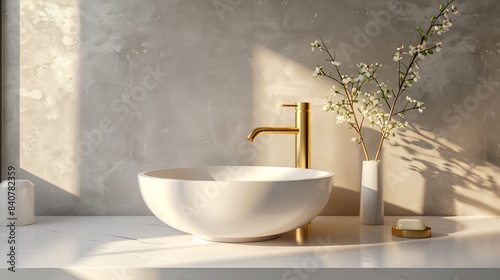 Empty bathroom counter with a luxury round ceramic washbasin and golden faucet  bathed in morning sunlight  blank space for product display  minimalistic  photorealistic