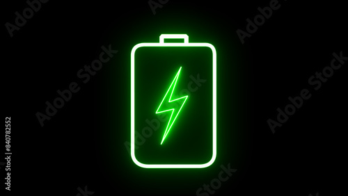 Battery charging with a power bolt icon. Green color neon lightning bolt, glowing sign. Abstract neon bolt icon with circle on black background