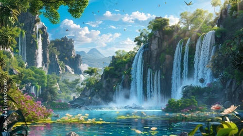Fototapeta Naklejka Na Ścianę i Meble -  Fantasy landscape with waterfalls, panorama. Generative AI hyper realistic 